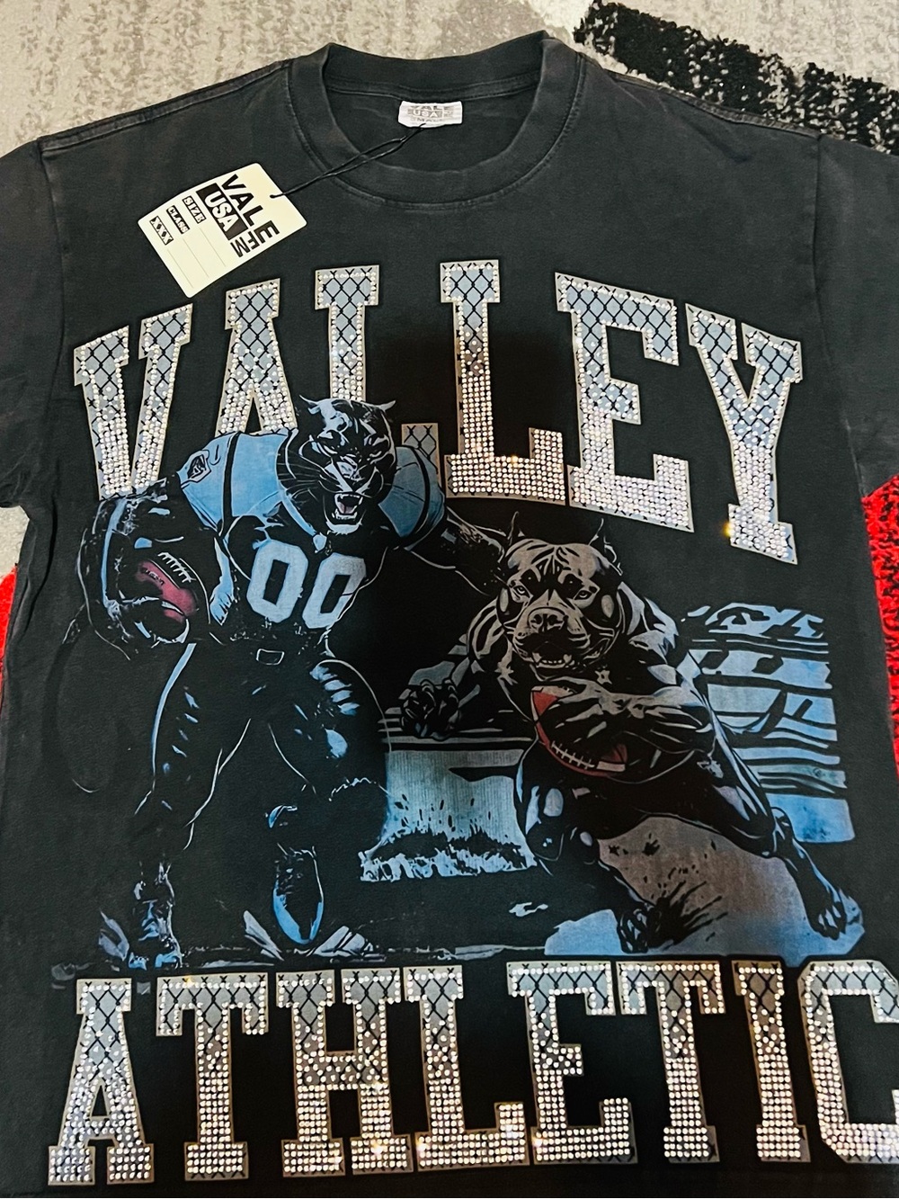 Valley Lane Black Rhinestone Athletic Graphic Tee with Blue Accents